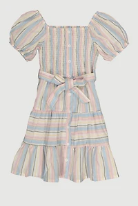 Girls Linen Smocked Button Front Tiered Dress, Multi, Size 10-12