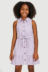 Girls Striped Sleeveless Flounce Hem Shirt Dress