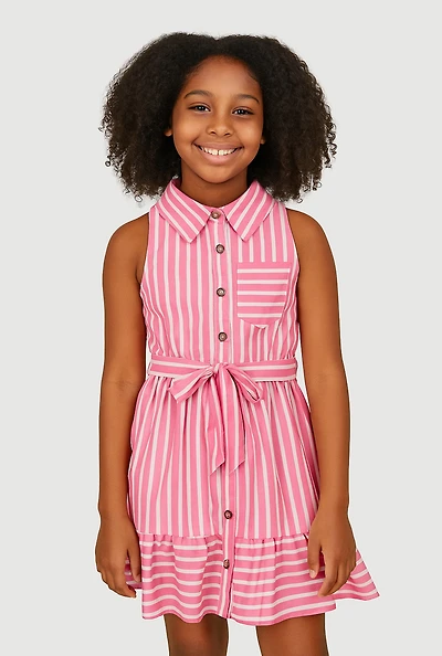 Girls Striped Sleeveless Flounce Hem Shirt Dress, Pink, Size 10-12