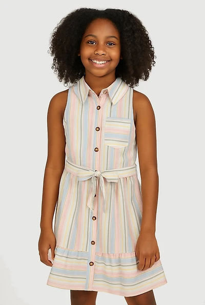 Girls Striped Sleeveless Flounce Hem Shirt Dress,