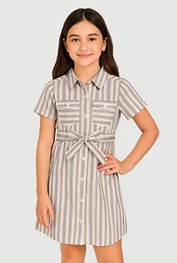 Girls Striped Short Sleeve Tie Front Shirt Dress