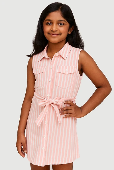 Girls Striped Sleeveless Shirt Dress, Pink, Size 10-12