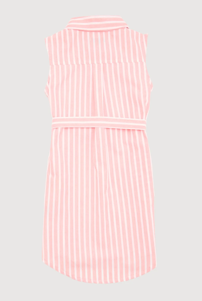 Girls Striped Sleeveless Shirt Dress, Pink, Size 10-12