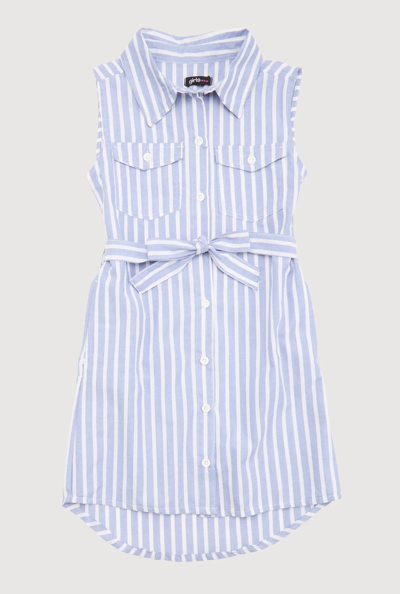 Girls Striped Sleeveless Shirt Dress