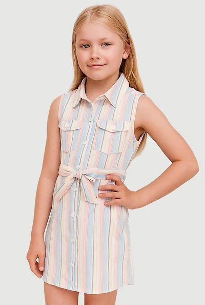 Girls Striped Sleeveless Shirt Dress, Multi,