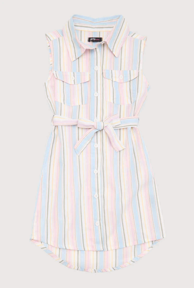 Girls Striped Sleeveless Shirt Dress, Multi, Size 14-16