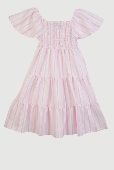 Girls Striped Smocked Tiered Dress, Pink, Size 14-16