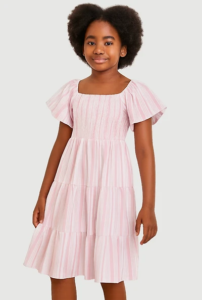 Girls Striped Smocked Tiered Dress, Pink, Size 14-16