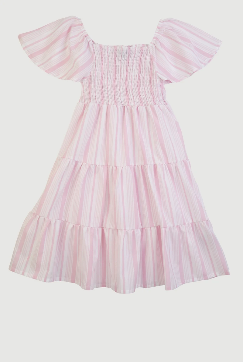 Girls Striped Smocked Tiered Dress, Pink, Size 14-16