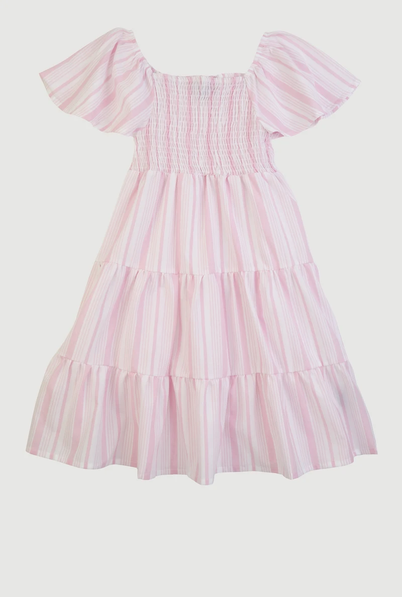 Girls Striped Smocked Tiered Dress, Pink, Size 14-16