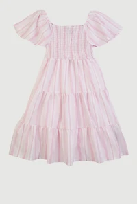 Girls Striped Smocked Tiered Dress, Pink, Size 14-16