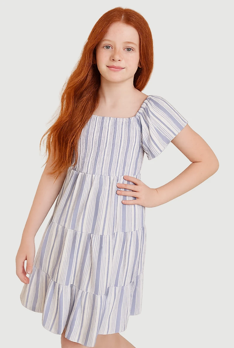 Girls Striped Smocked Tiered Dress, 10-12