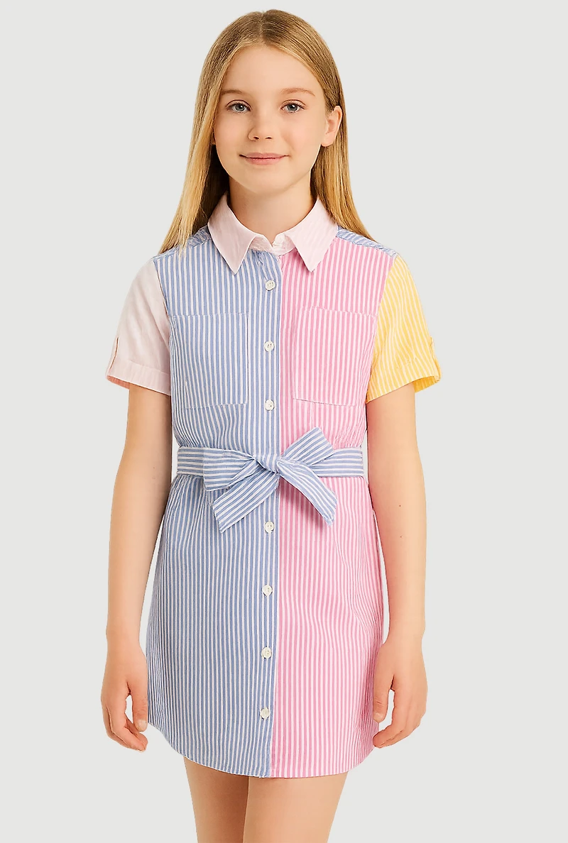 Girls Linen Color Blocked Pinstripe Shirt Dress