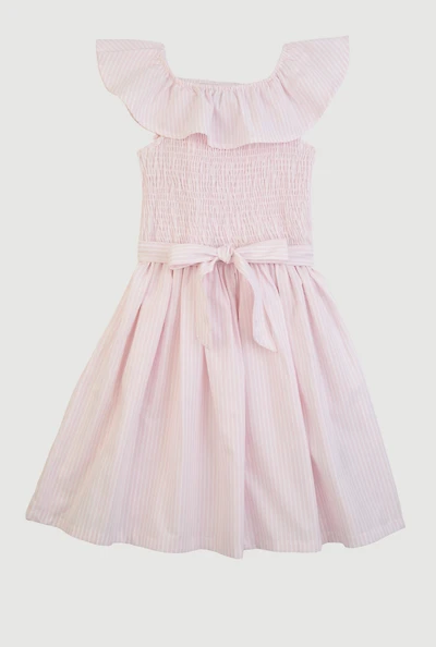 Girls Striped Smocked Skater Dress, Pink,