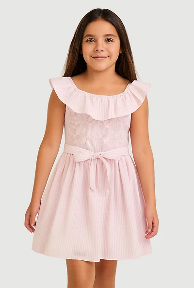 Girls Striped Smocked Skater Dress, Pink,
