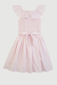 Girls Striped Smocked Skater Dress, Pink,