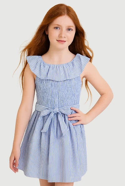 Girls Striped Smocked Skater Dress, Blue, Size 10-12