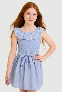 Girls Striped Smocked Skater Dress, Blue, Size 10-12