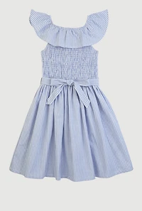 Girls Striped Smocked Skater Dress, Blue, Size 10-12