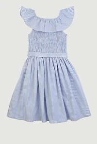 Girls Striped Smocked Skater Dress, Blue, Size 10-12