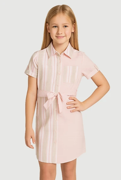 Girls Color Blocked Striped Shirt Dress, Pink, Size 14-16