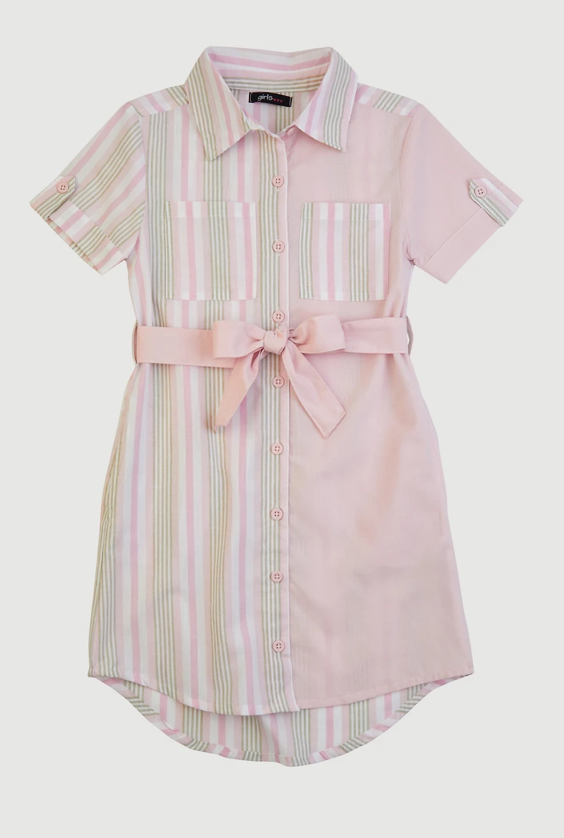 Girls Color Blocked Striped Shirt Dress