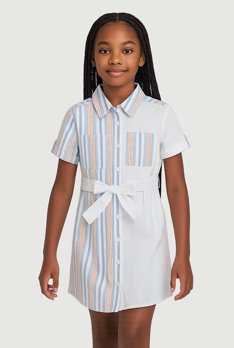 Girls Color Blocked Striped Shirt Dress,