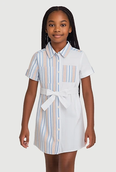 Girls Color Blocked Striped Shirt Dress,