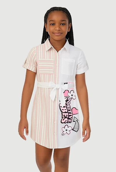 Girls Striped Positive Vibes Graphic Shirt Dress, Multi, Size 10-12