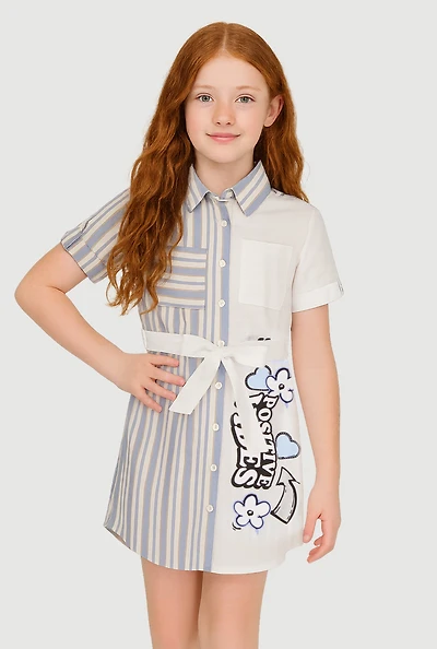 Girls Striped Positive Vibes Graphic Shirt Dress, Blue, Size 10-12