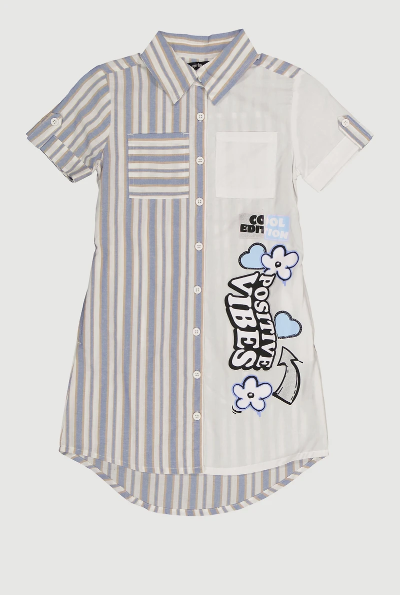 Girls Striped Positive Vibes Graphic Shirt Dress,
