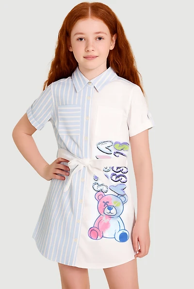 Girls Striped Sassy Vibes Graphic Shirt Dress, Blue, Size 10-12