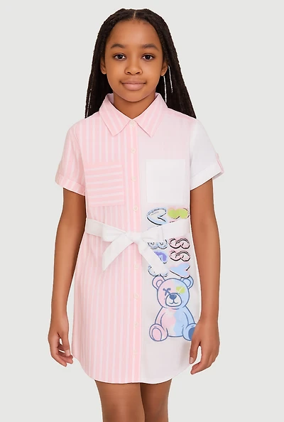 Girls Striped Sassy Vibes Graphic Shirt Dress, Pink, Size 14-16