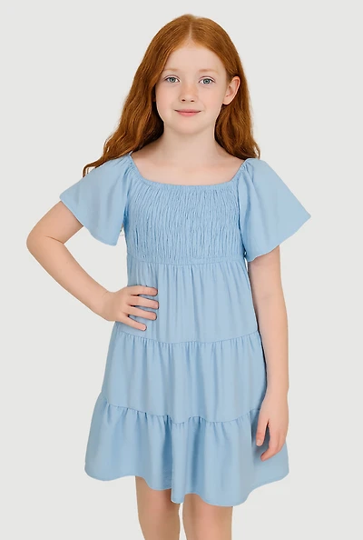 Girls Smocked Tiered Dress, Blue, Size 10-12