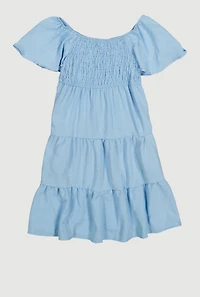 Girls Smocked Tiered Dress, Blue, Size 10-12