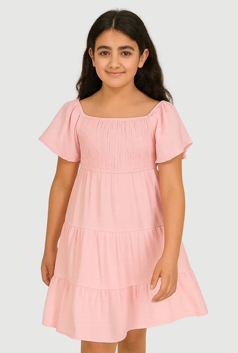 Girls Smocked Tiered Dress, Pink, Size 7-8