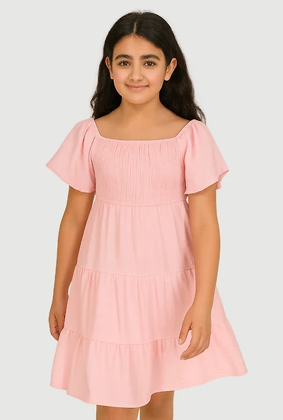 Girls Smocked Tiered Dress, Pink, Size 7-8