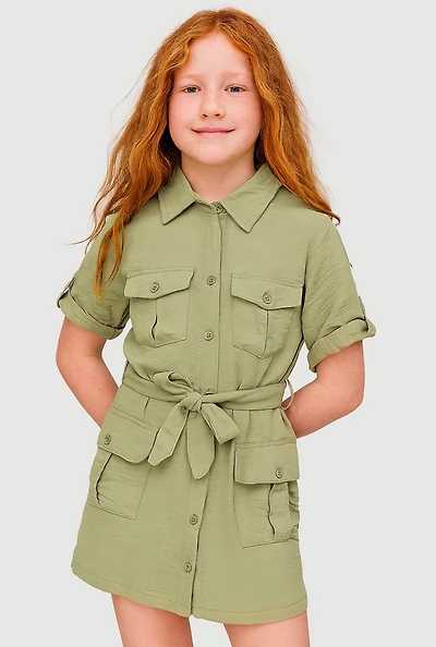 Girls Airy Utility Shirt Dress, Green, Size 7-8