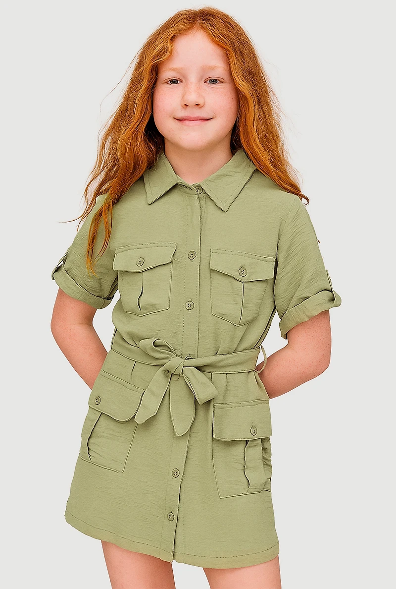 Girls Airy Utility Shirt Dress, Green, Size 10-12