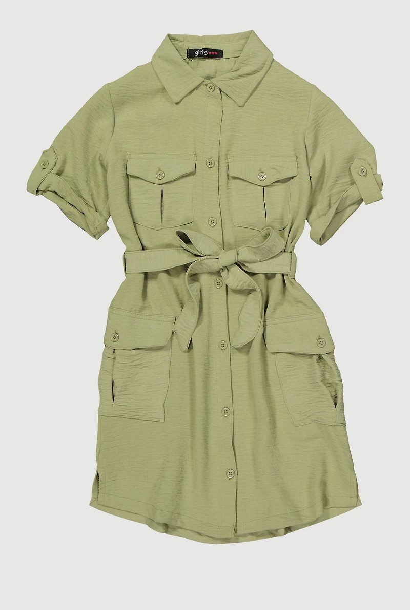 Girls Airy Utility Shirt Dress, Green, Size 10-12
