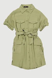 Girls Airy Utility Shirt Dress, Green, Size 10-12