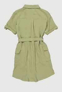 Girls Airy Utility Shirt Dress, Green, Size 7-8