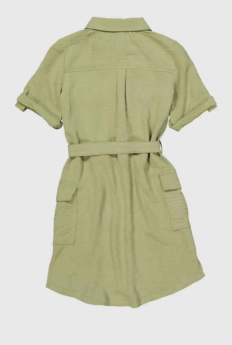 Girls Airy Utility Shirt Dress, Green, Size 10-12