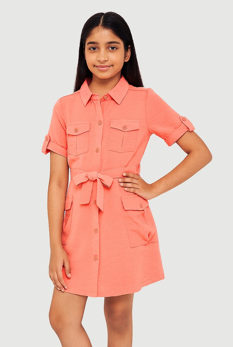 Girls Airy Utility Shirt Dress, Orange, Size 7-8