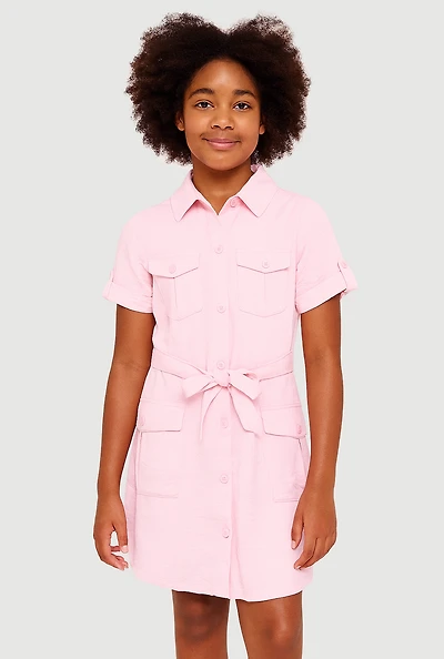 Girls Airy Utility Shirt Dress, Pink, Size 7-8