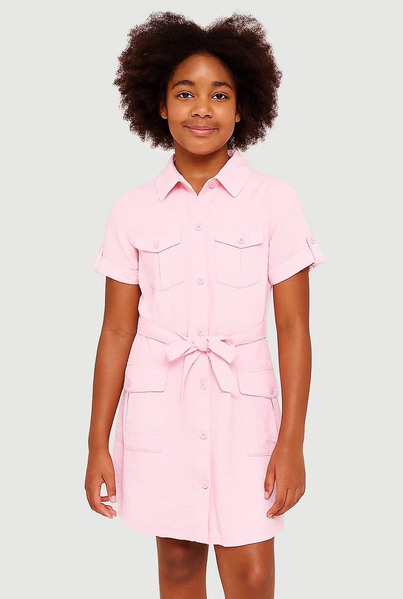 Girls Airy Utility Shirt Dress, Pink, Size 10-12