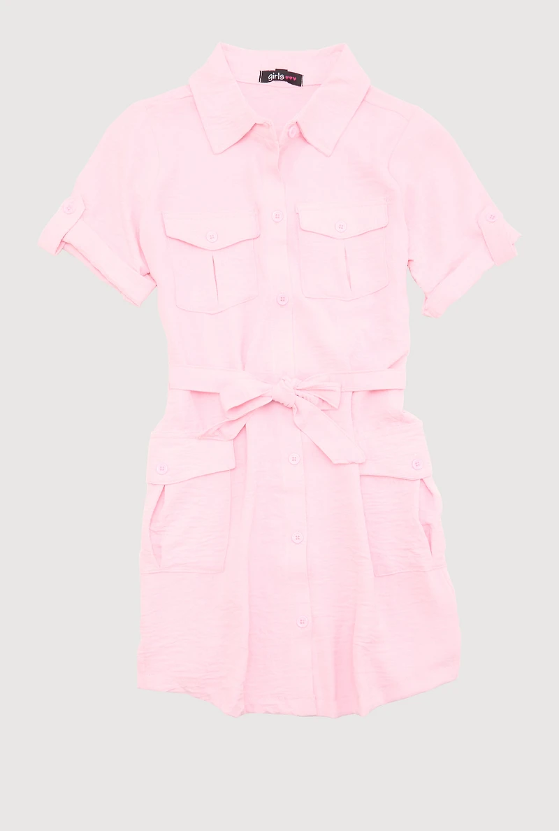 Girls Airy Utility Shirt Dress, Pink, Size 7-8