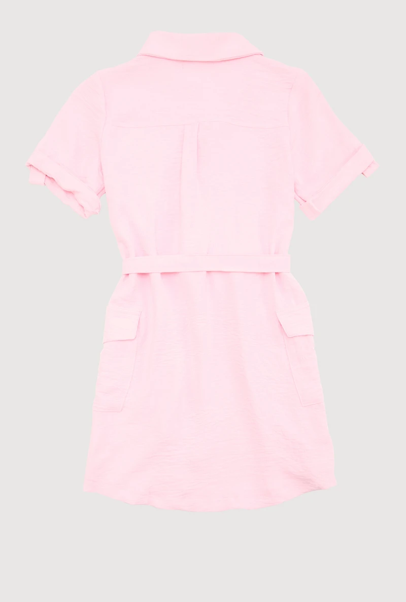 Girls Airy Utility Shirt Dress, Pink, Size 7-8