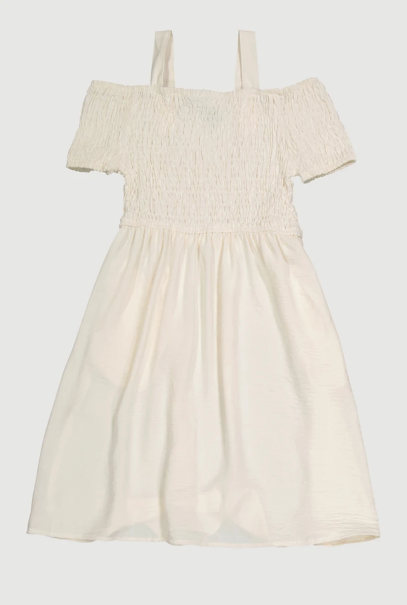 Girls Smocked Cold Shoulder Dress, White, Size 7-8