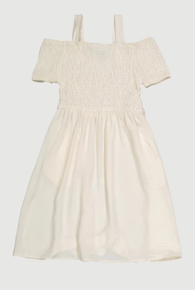 Girls Smocked Cold Shoulder Dress, White, Size 7-8